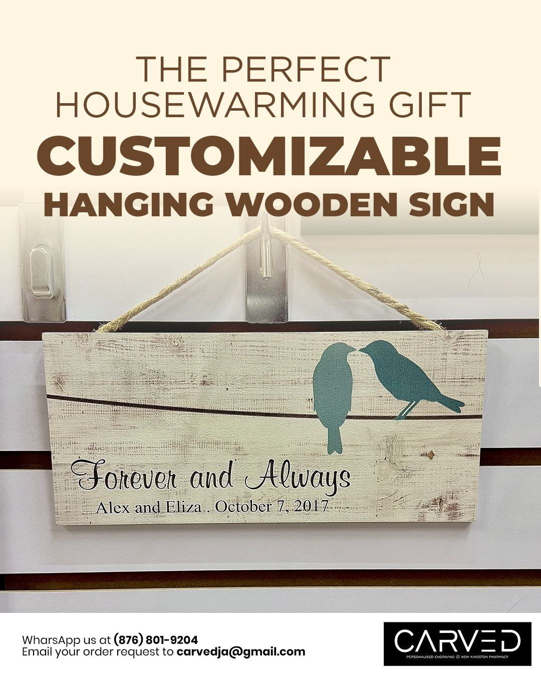 Hanging wooden sign personalized as a housewarming keepsake