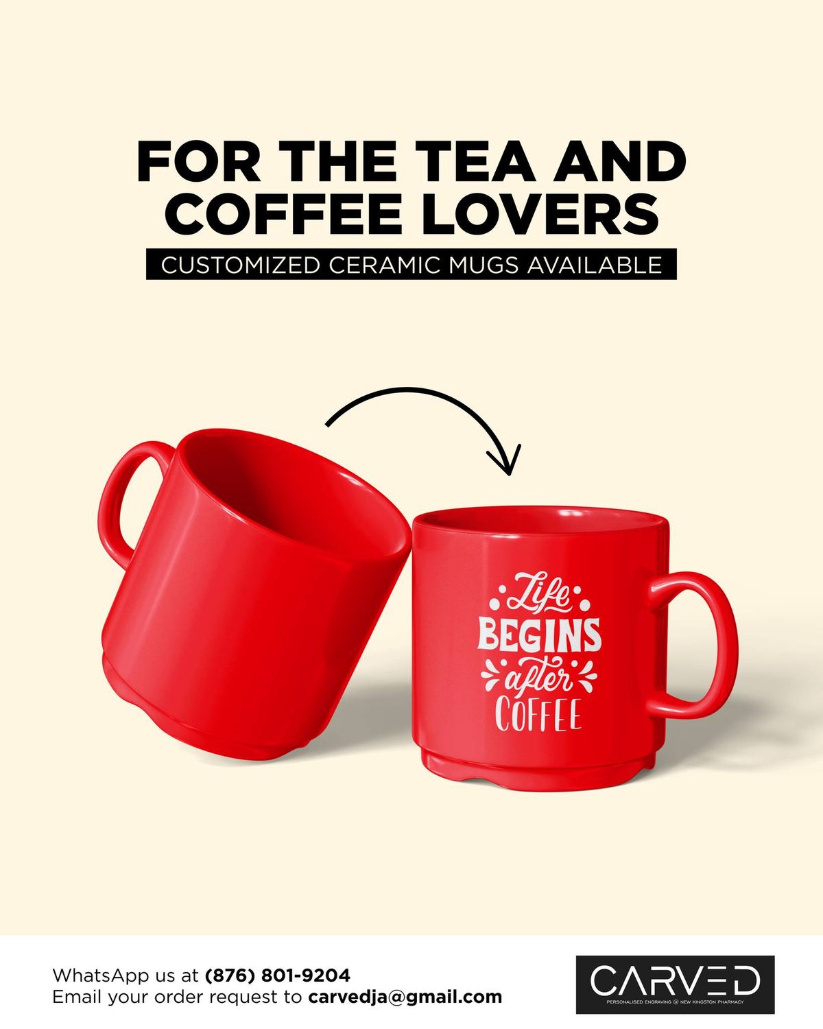 Engraved ceramic mug for coffee, tea or cocoa