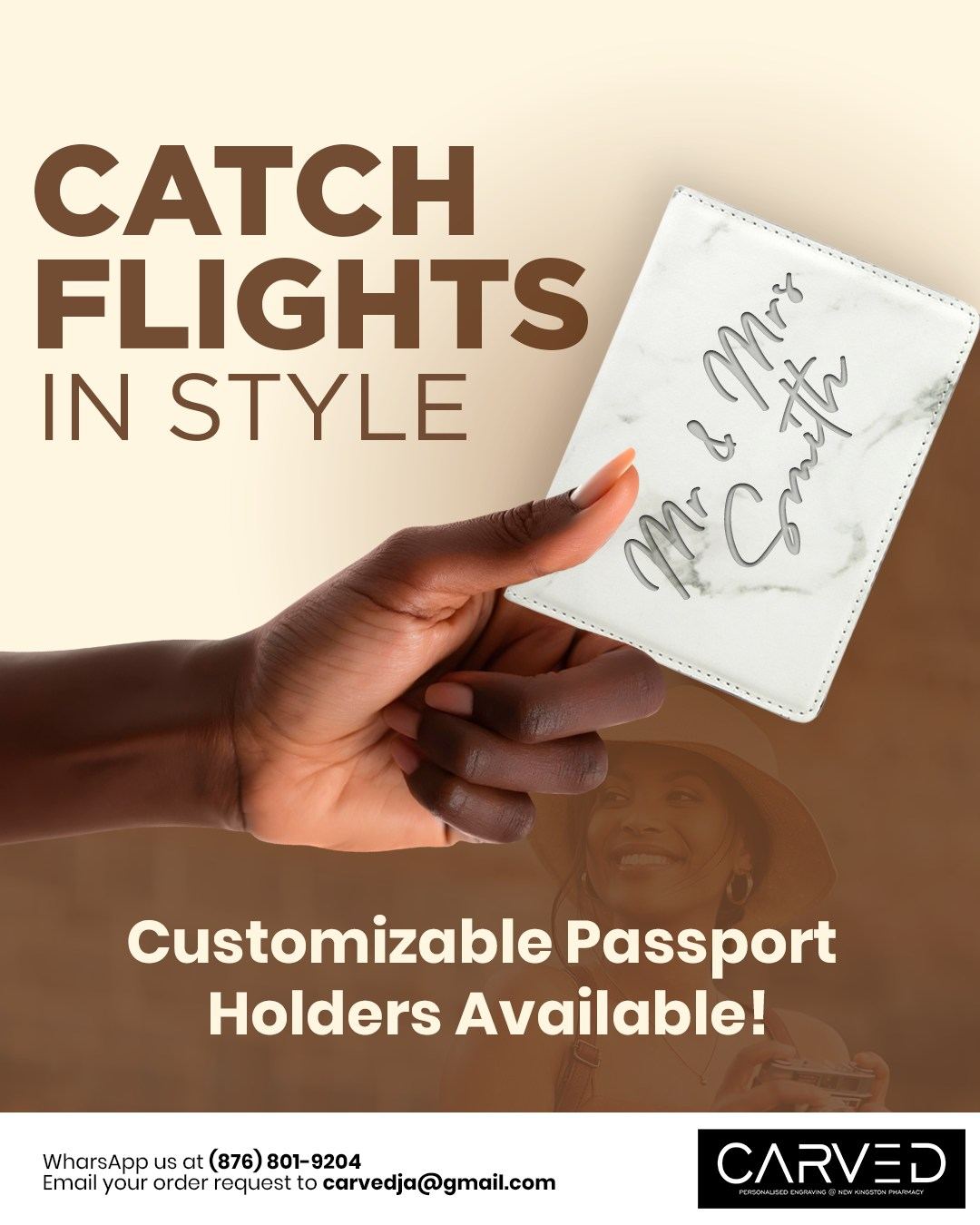 Engraved passport holder with a name, initials or destination
